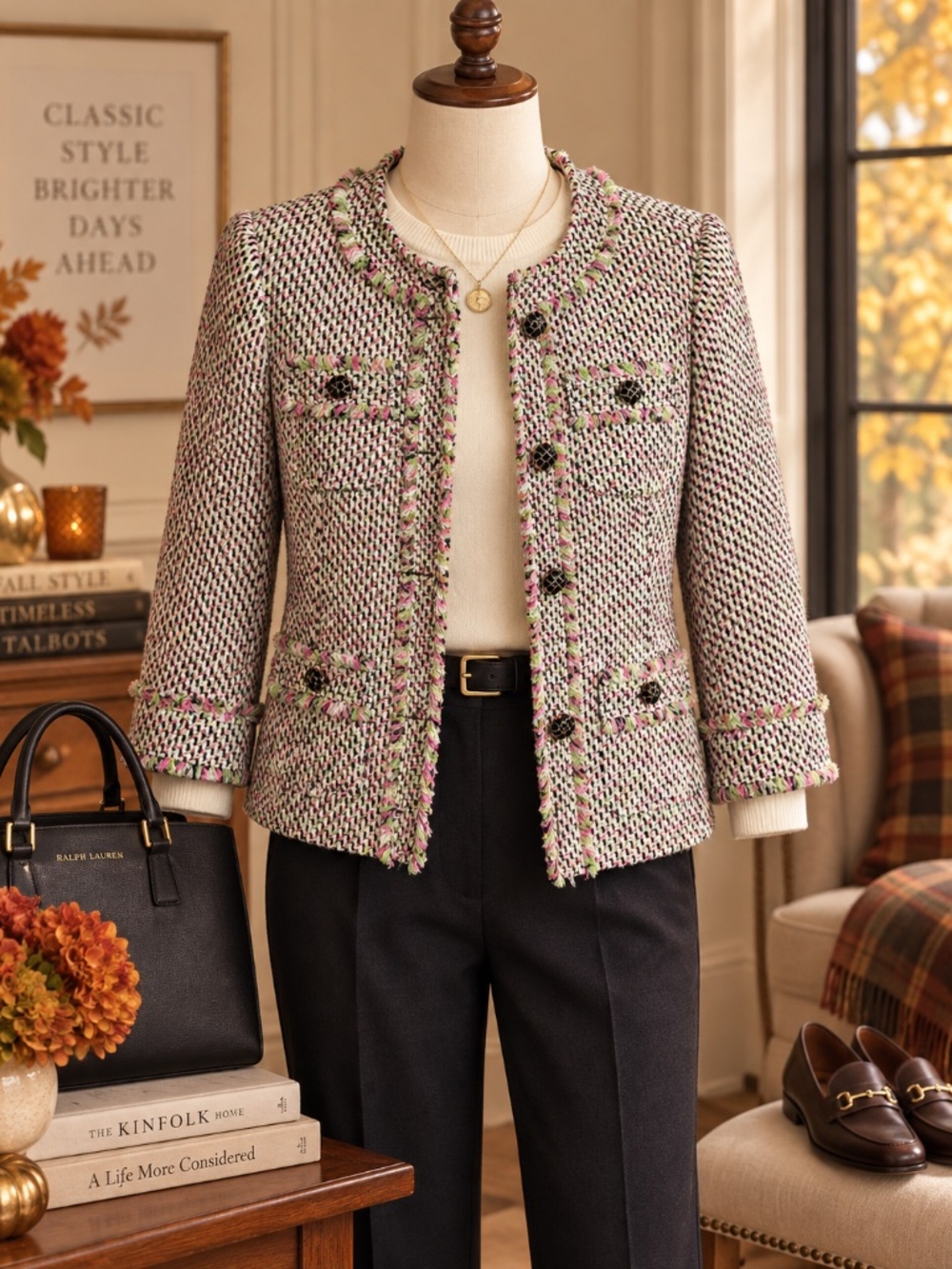 Talbots Petites Tweed Boucle Jacket 6P Pink Green Fringe Cropped Career Blazer
